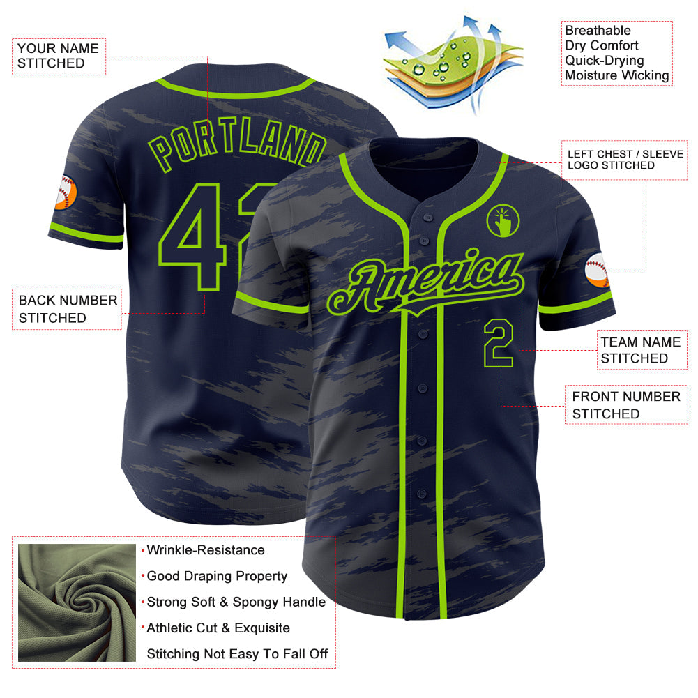 Custom Navy Steel Gray Splash Ink Neon Green Authentic Baseball Jersey view 3
