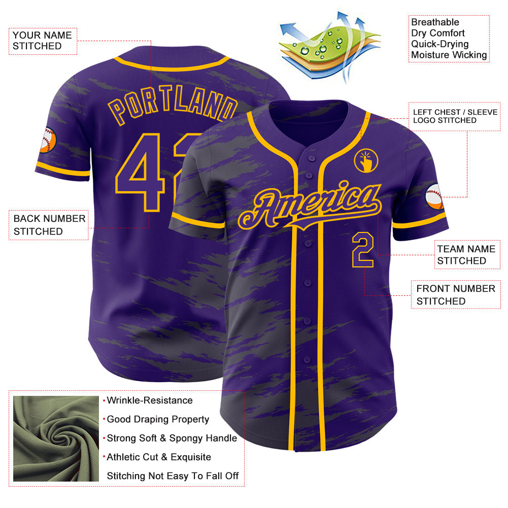Custom Purple Steel Gray Splash Ink Gold Authentic Baseball Jersey view 3