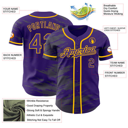 Custom Purple Steel Gray Splash Ink Gold Authentic Baseball Jersey view 3
