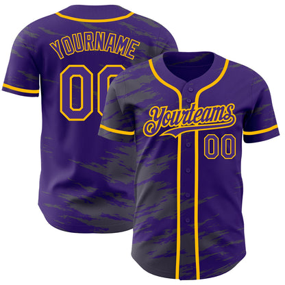Custom Purple Steel Gray Splash Ink Gold Authentic Baseball Jersey - Main View