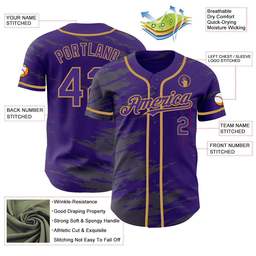 Custom Purple Steel Gray Splash Ink Old Gold Authentic Baseball Jersey view 3