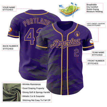 Custom Purple Steel Gray Splash Ink Old Gold Authentic Baseball Jersey view 3