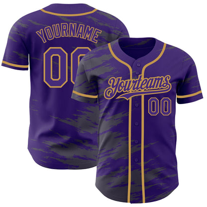 Custom Purple Steel Gray Splash Ink Old Gold Authentic Baseball Jersey - Main View
