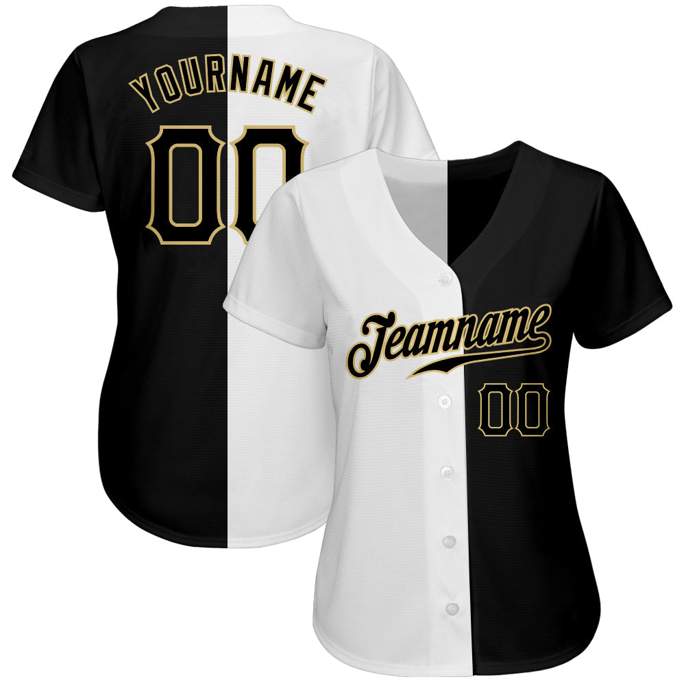 Custom White-Black Vegas Gold Authentic Split Fashion Baseball Jersey view 2