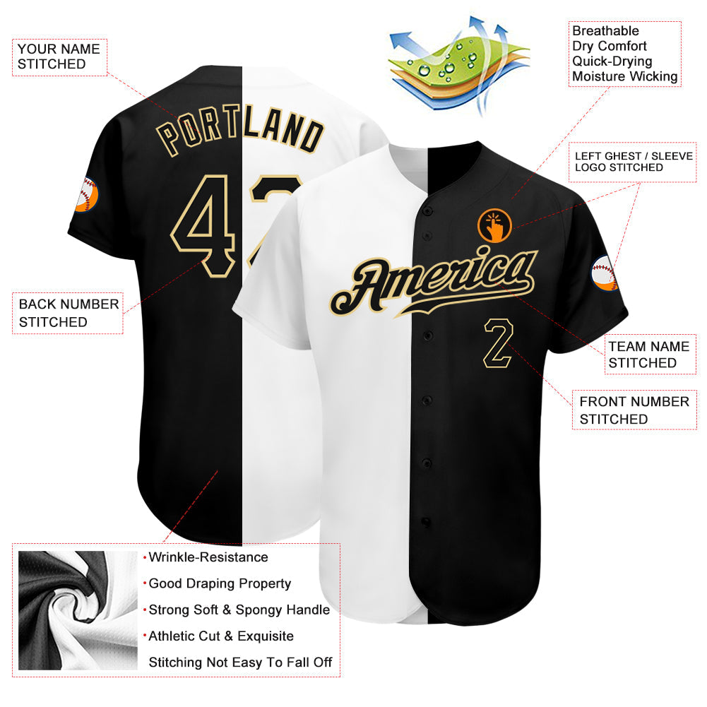 Custom White-Black Vegas Gold Authentic Split Fashion Baseball Jersey view 3