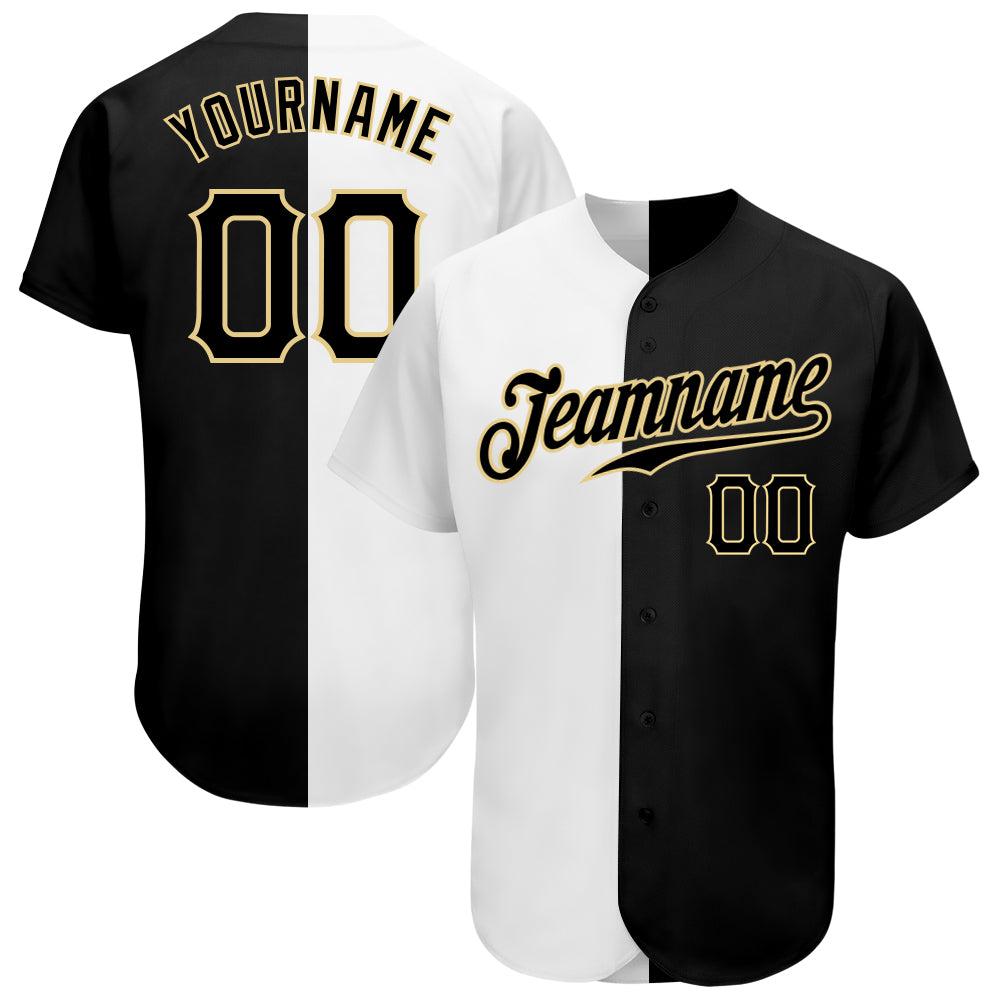 Custom White-Black Vegas Gold Authentic Split Fashion Baseball Jersey - Main View