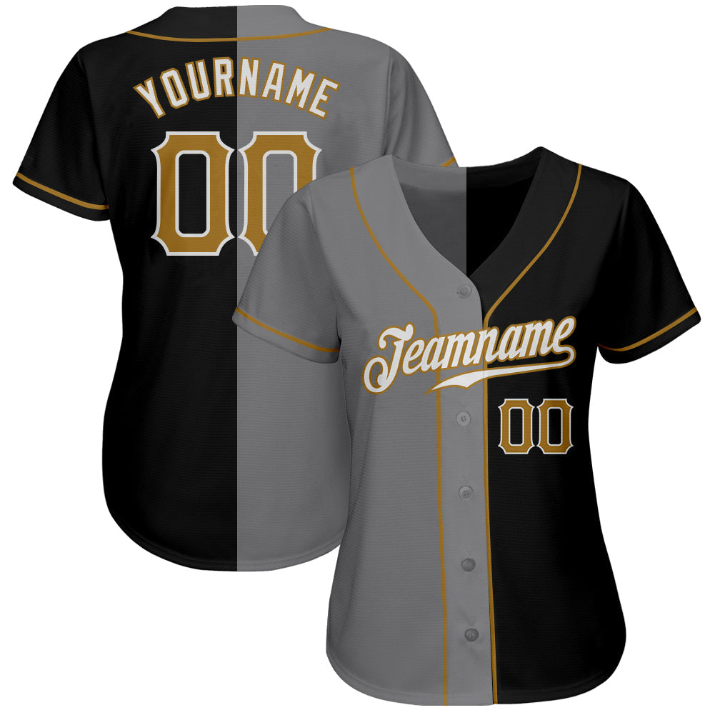 Custom Black Old Gold-Gray Authentic Split Fashion Baseball Jersey view 2