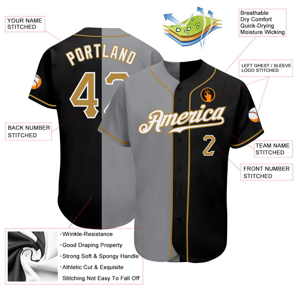 Custom Black Old Gold-Gray Authentic Split Fashion Baseball Jersey view 3