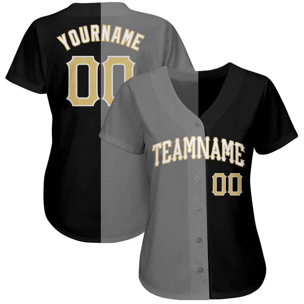 Custom Black Vegas Gold-Gray Authentic Split Fashion Baseball Jersey view 2