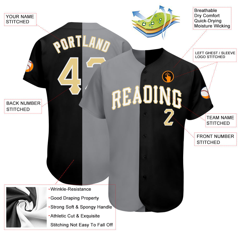 Custom Black Vegas Gold-Gray Authentic Split Fashion Baseball Jersey view 3