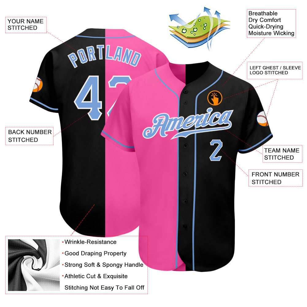 Custom Black Light Blue-Pink Authentic Split Fashion Baseball Jersey view 3