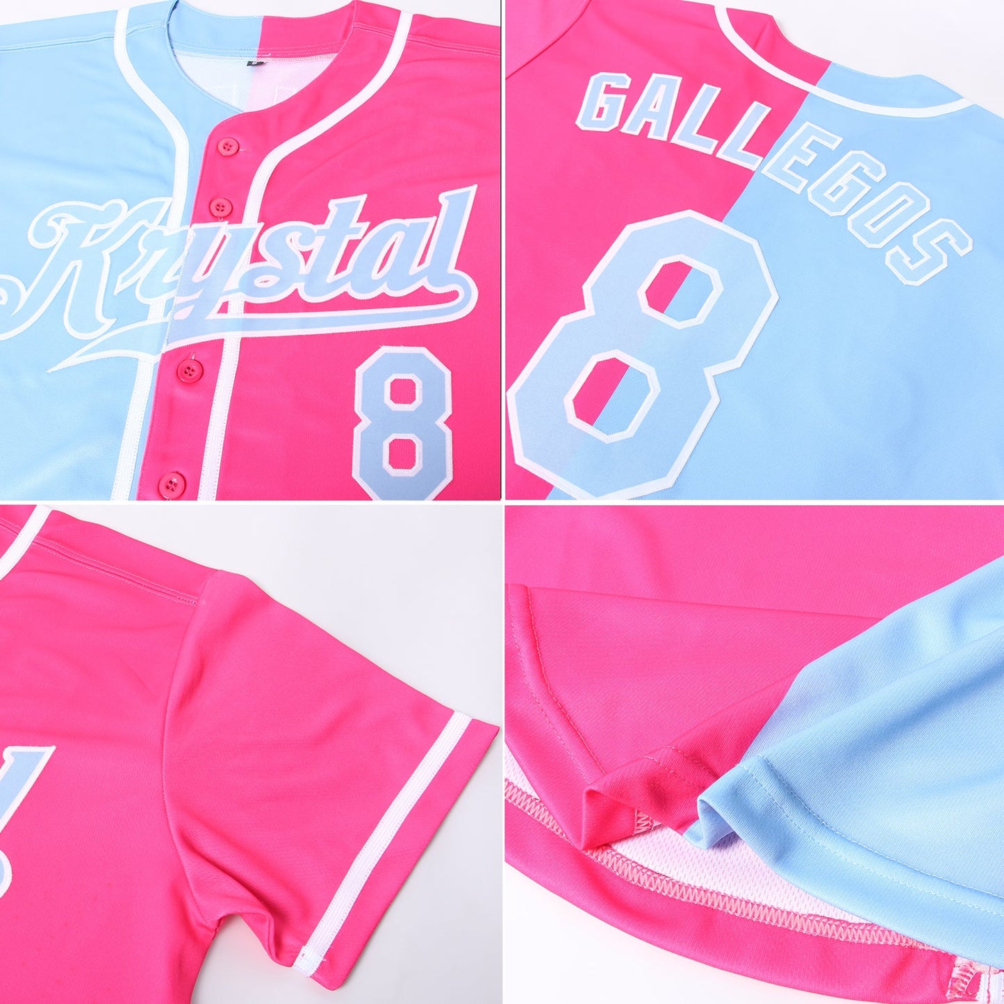 Custom Pink Light Blue-White Authentic Split Fashion Baseball Jersey view 6