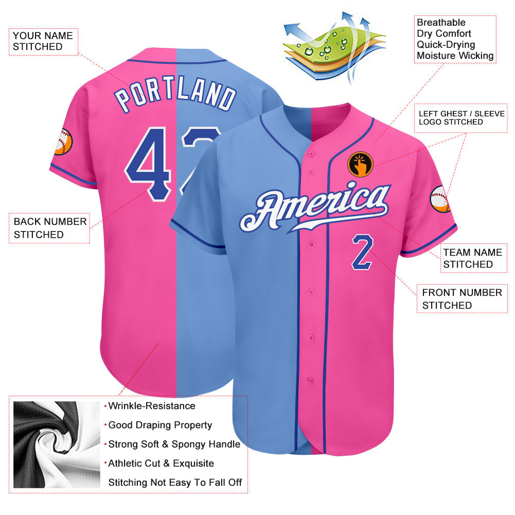 Custom Pink Royal-Light Blue Authentic Split Fashion Baseball Jersey view 3