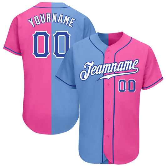 Custom Pink Royal-Light Blue Authentic Split Fashion Baseball Jersey - Main View