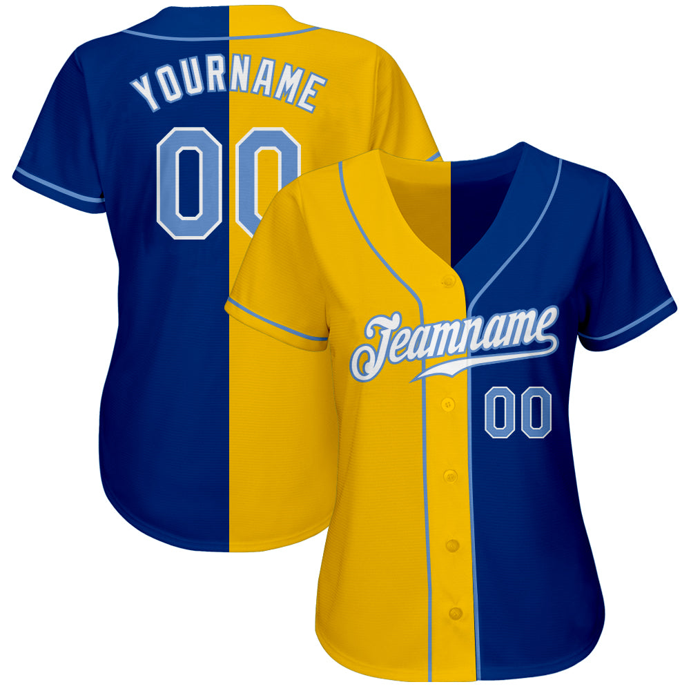 Custom Royal Light Blue-Yellow Authentic Split Fashion Baseball Jersey view 2