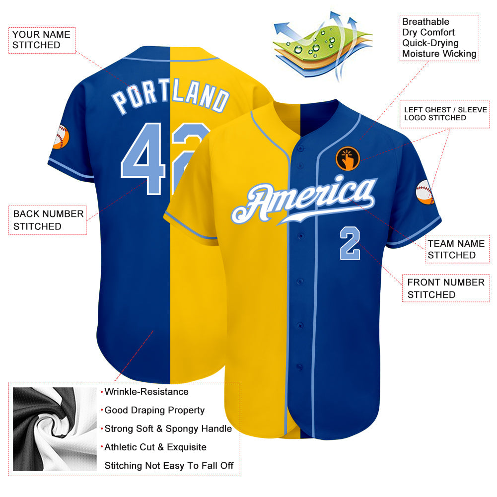 Custom Royal Light Blue-Yellow Authentic Split Fashion Baseball Jersey view 3
