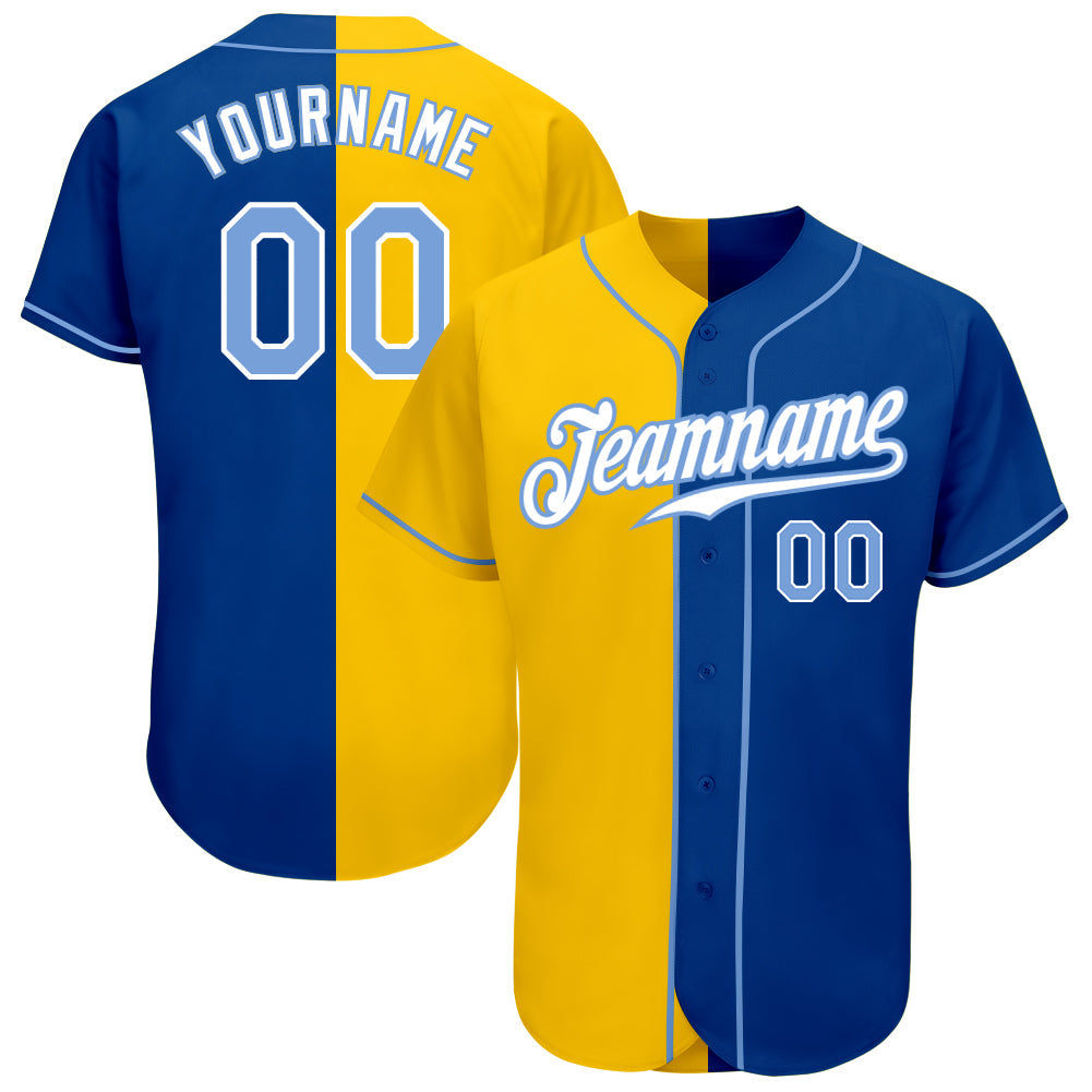 Custom Royal Light Blue-Yellow Authentic Split Fashion Baseball Jersey - Main View