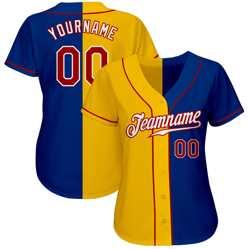 Custom Royal Red-Yellow Authentic Split Fashion Baseball Jersey view 2