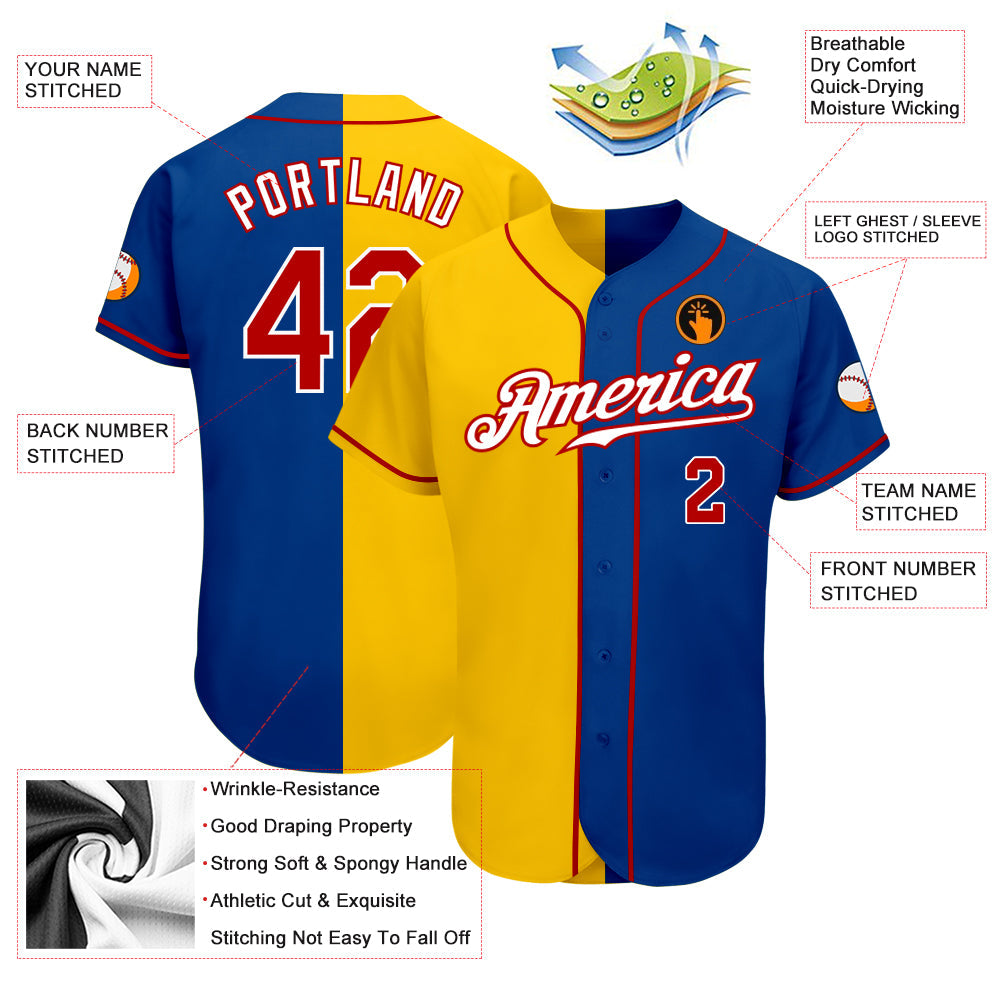 Custom Royal Red-Yellow Authentic Split Fashion Baseball Jersey view 3
