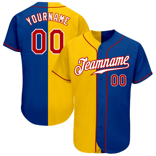 Custom Royal Red-Yellow Authentic Split Fashion Baseball Jersey - Main View