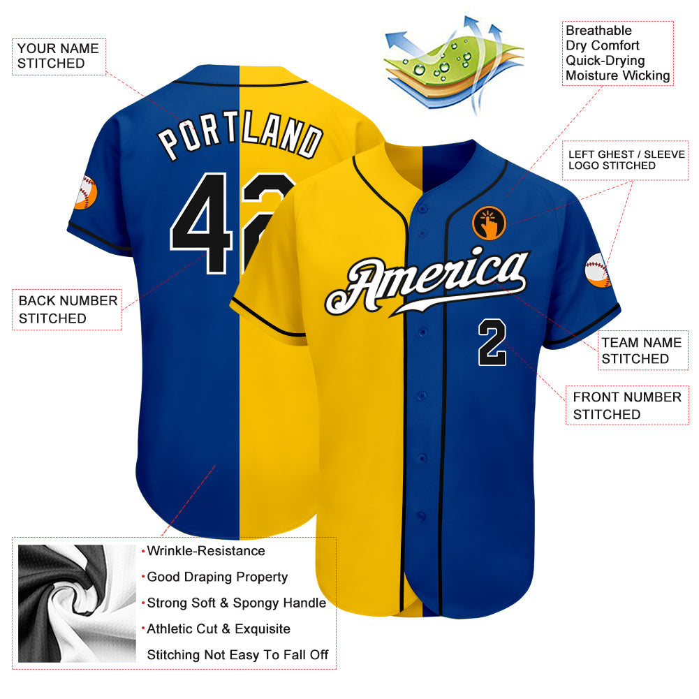Custom Royal Black-Yellow Authentic Split Fashion Baseball Jersey view 3