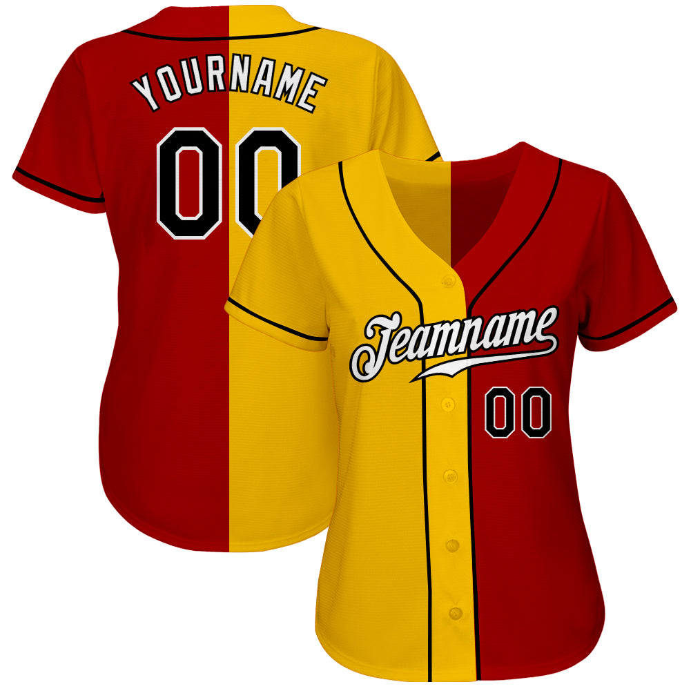 Custom Red Black-Yellow Authentic Split Fashion Baseball Jersey view 2