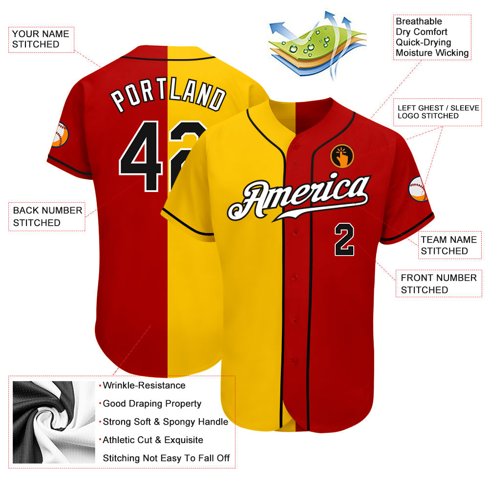 Custom Red Black-Yellow Authentic Split Fashion Baseball Jersey view 3