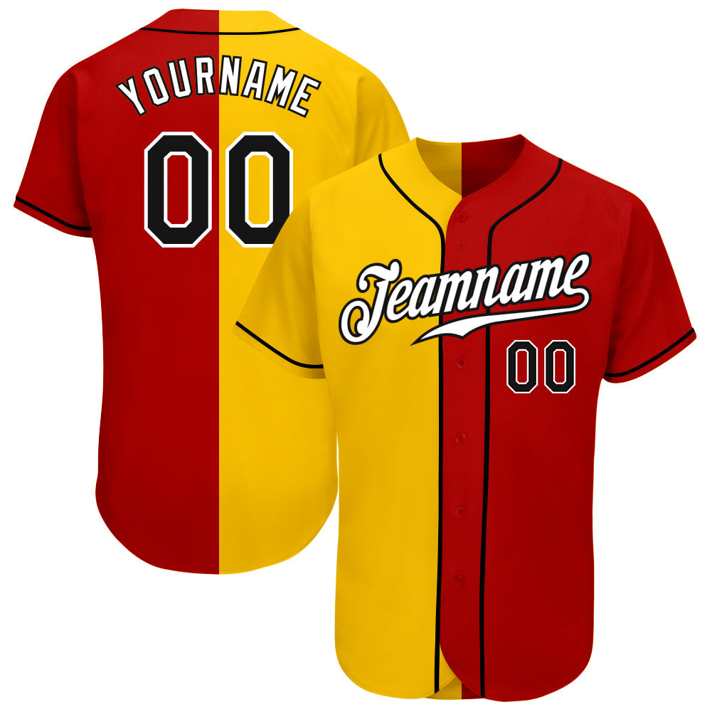 Custom Red Black-Yellow Authentic Split Fashion Baseball Jersey - Main View