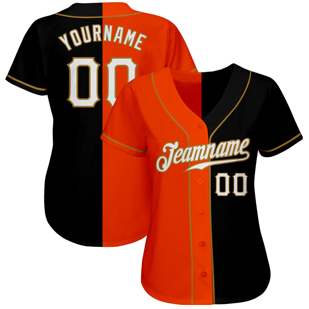 Custom Black White-Orange Authentic Split Fashion Baseball Jersey view 2