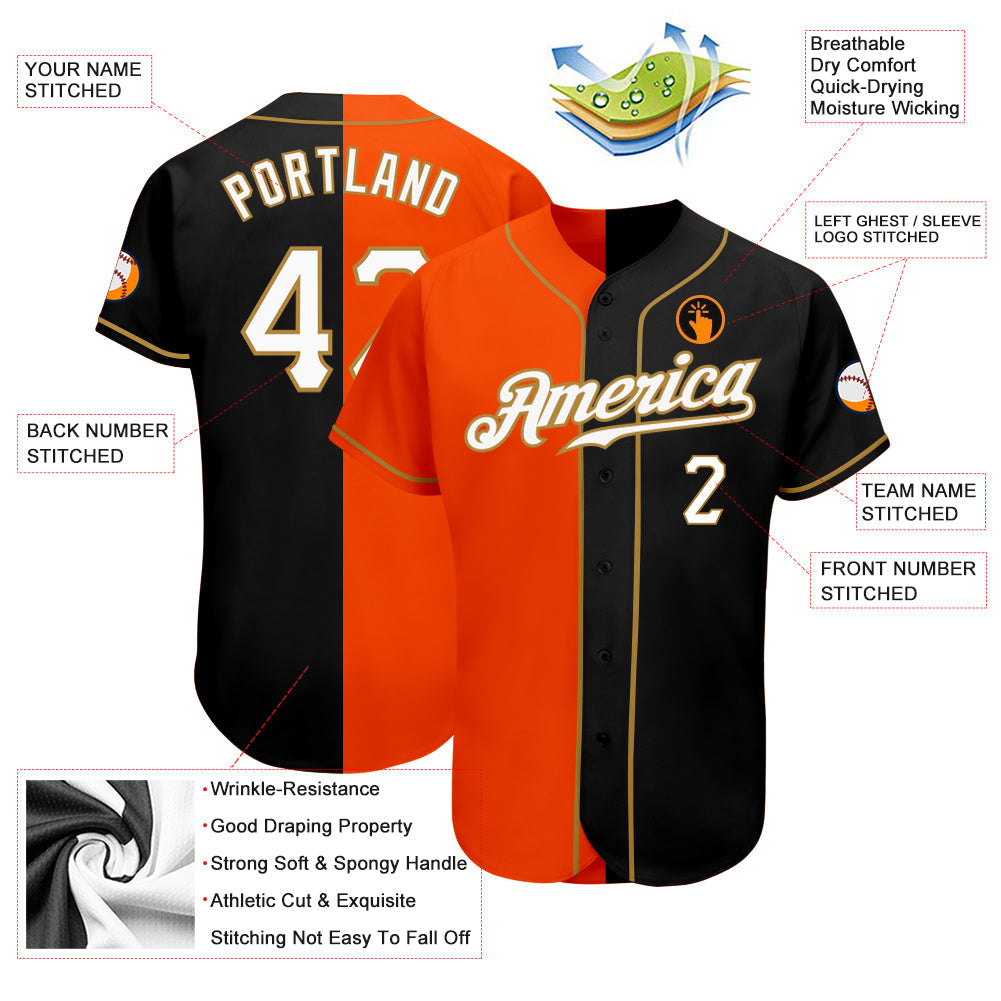 Custom Black White-Orange Authentic Split Fashion Baseball Jersey view 3