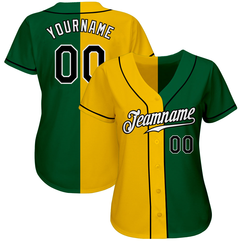 Custom Kelly Green Black-Yellow Authentic Split Fashion Baseball Jersey view 2