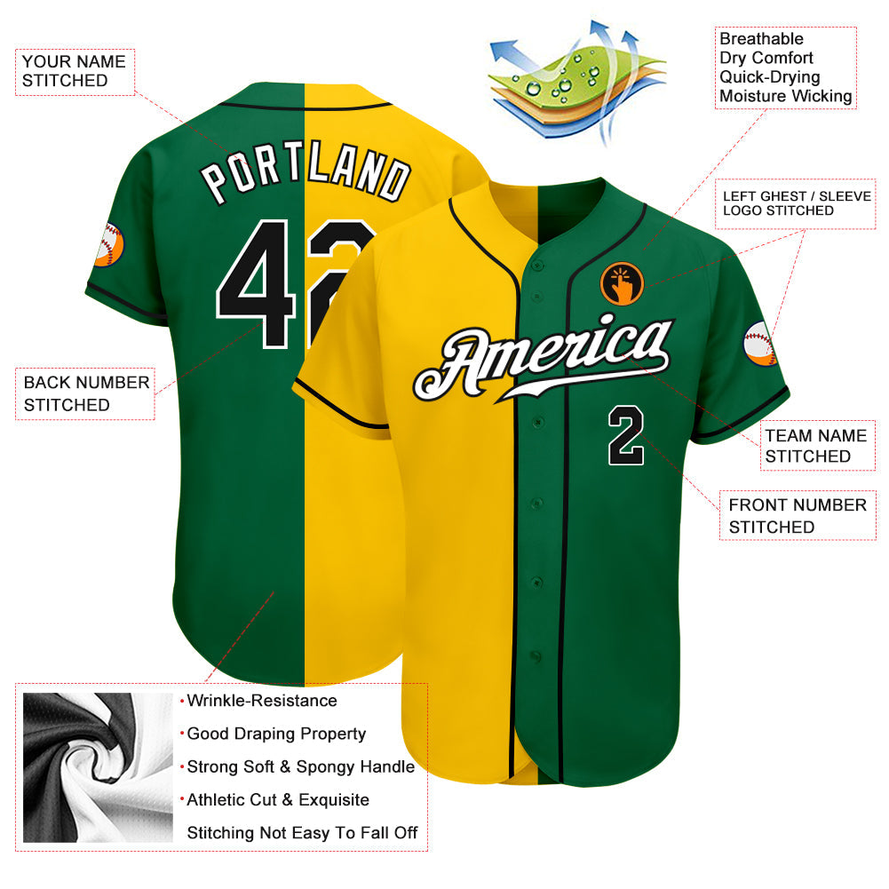 Custom Kelly Green Black-Yellow Authentic Split Fashion Baseball Jersey view 3
