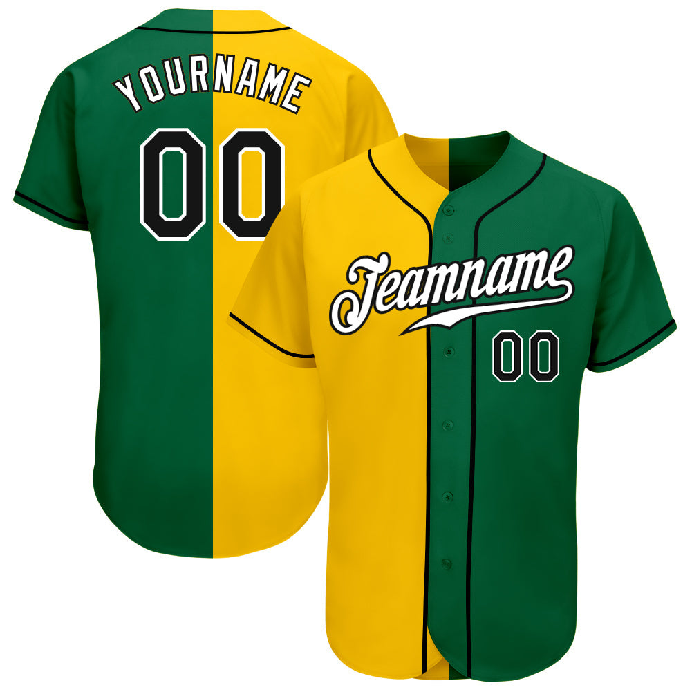 Custom Kelly Green Black-Yellow Authentic Split Fashion Baseball Jersey - Main View