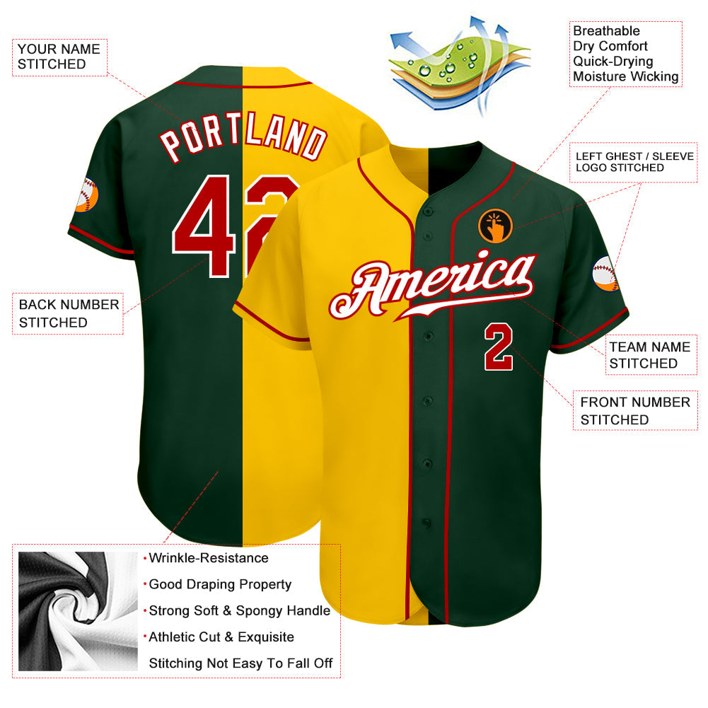 Custom Green Red-Yellow Authentic Split Fashion Baseball Jersey view 3