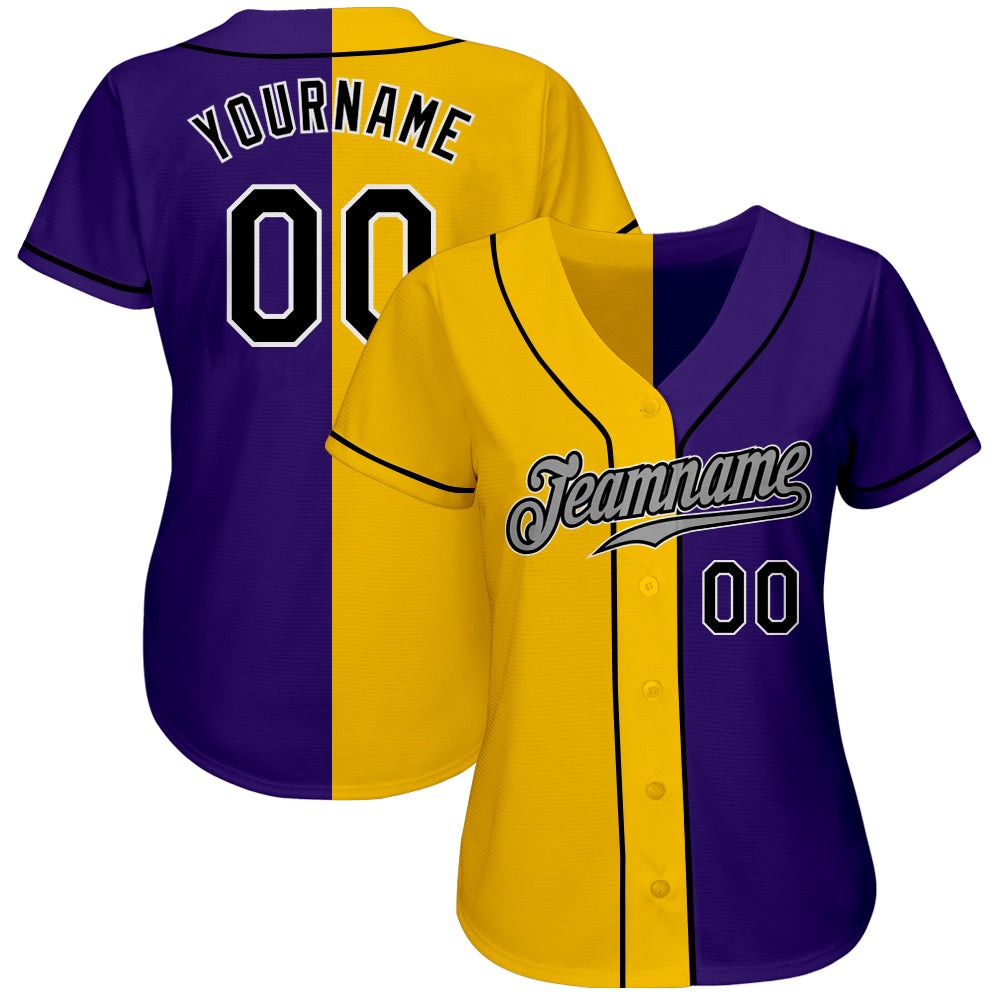 Custom Purple Black-Yellow Authentic Split Fashion Baseball Jersey view 2