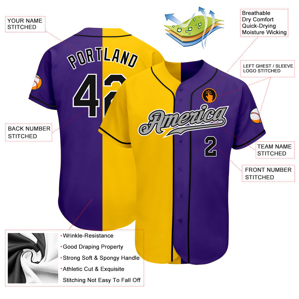 Custom Purple Black-Yellow Authentic Split Fashion Baseball Jersey view 3