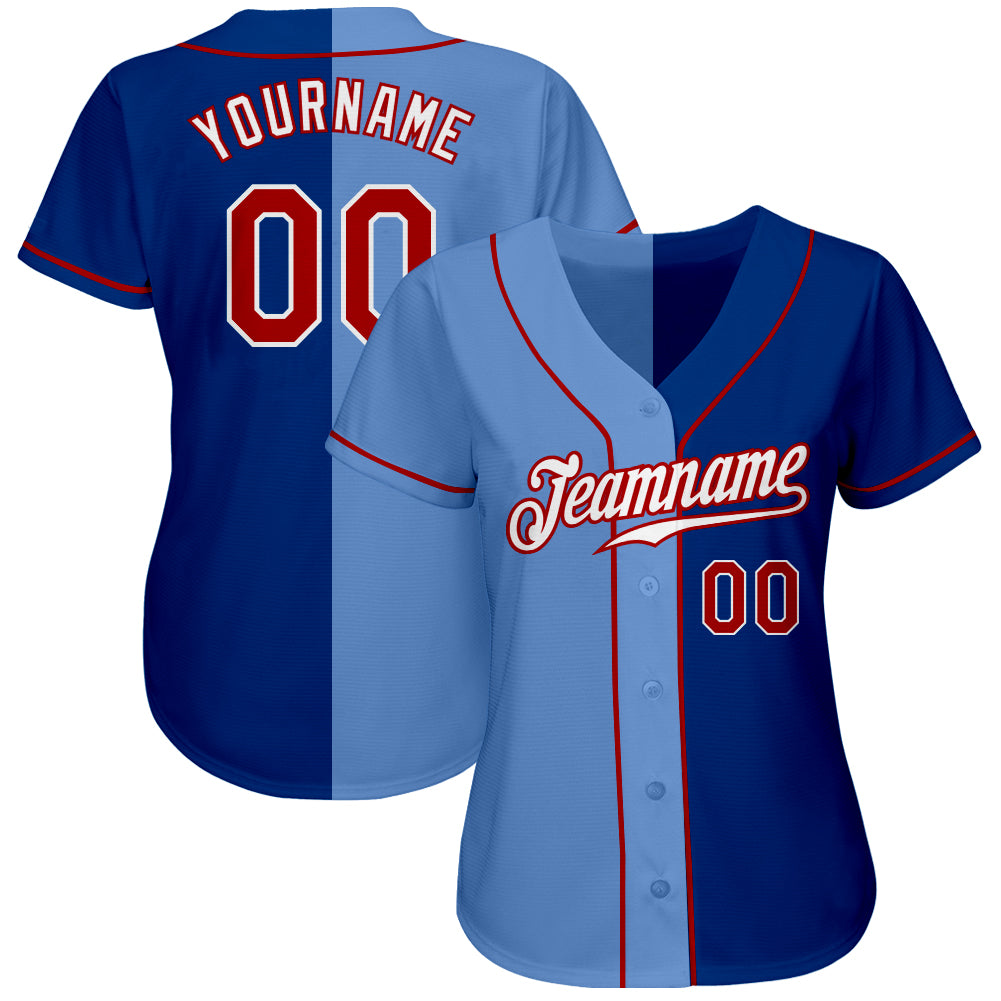 Custom Royal Red-Light Blue Authentic Split Fashion Baseball Jersey view 2