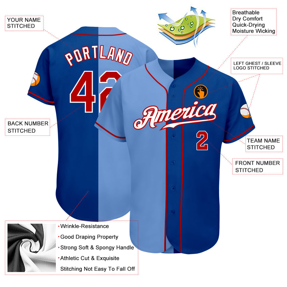 Custom Royal Red-Light Blue Authentic Split Fashion Baseball Jersey view 3