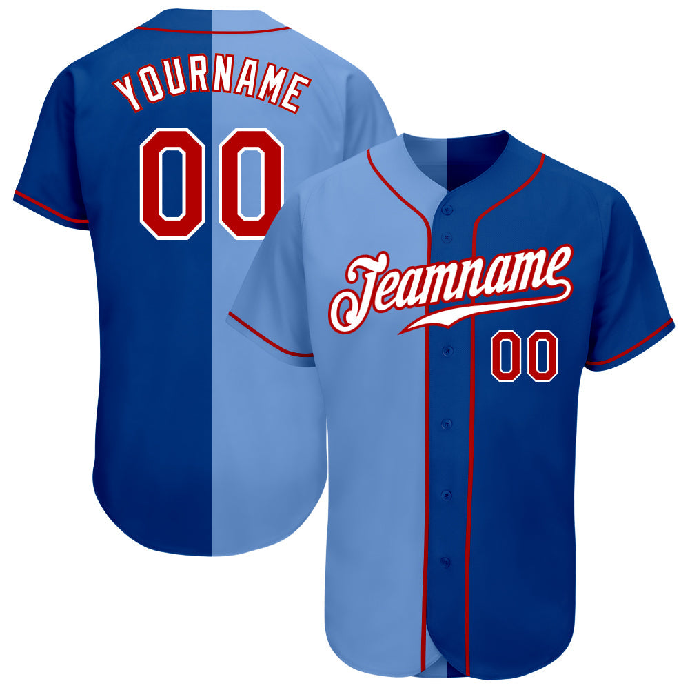 Custom Royal Red-Light Blue Authentic Split Fashion Baseball Jersey - Main View