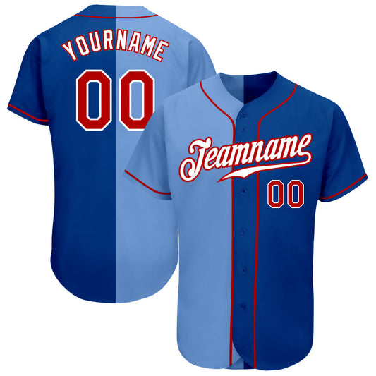 Custom Royal Red-Light Blue Authentic Split Fashion Baseball Jersey - Main View