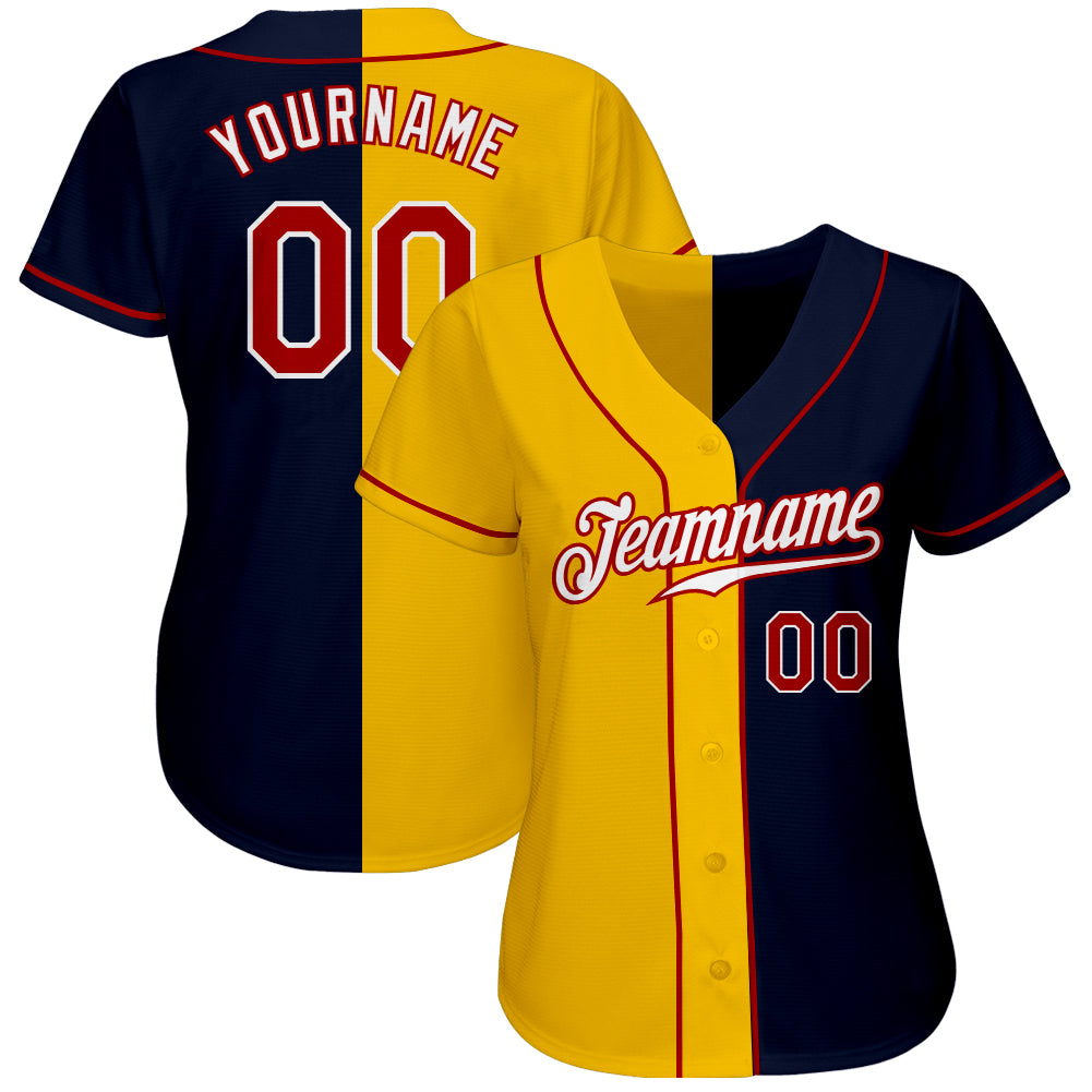 Custom Navy Red-Yellow Authentic Split Fashion Baseball Jersey view 2