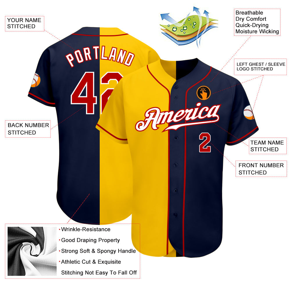 Custom Navy Red-Yellow Authentic Split Fashion Baseball Jersey view 3