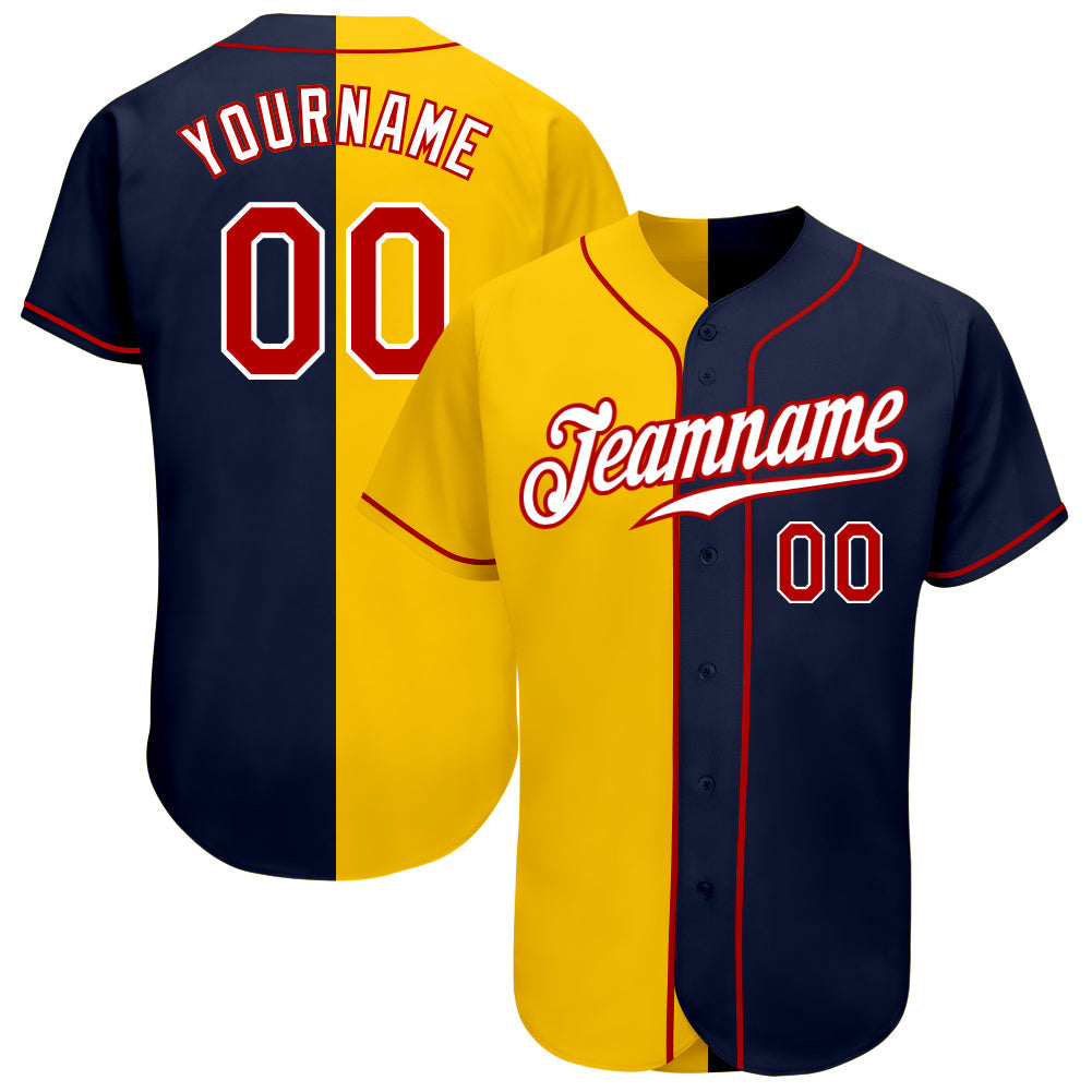 Custom Navy Red-Yellow Authentic Split Fashion Baseball Jersey - Main View