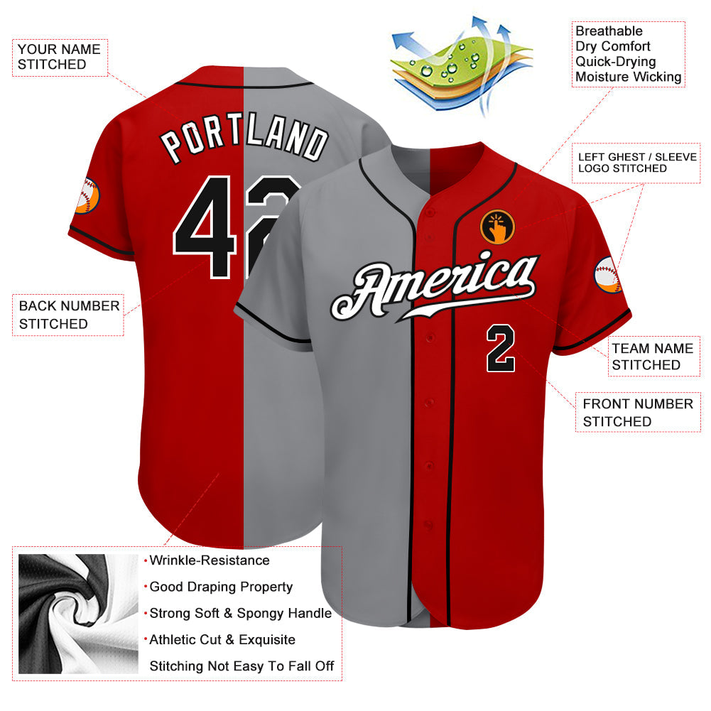 Custom Red Black-Gray Authentic Split Fashion Baseball Jersey view 4