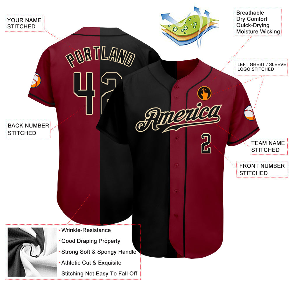 Custom Crimson Black-Cream Authentic Split Fashion Baseball Jersey view 3