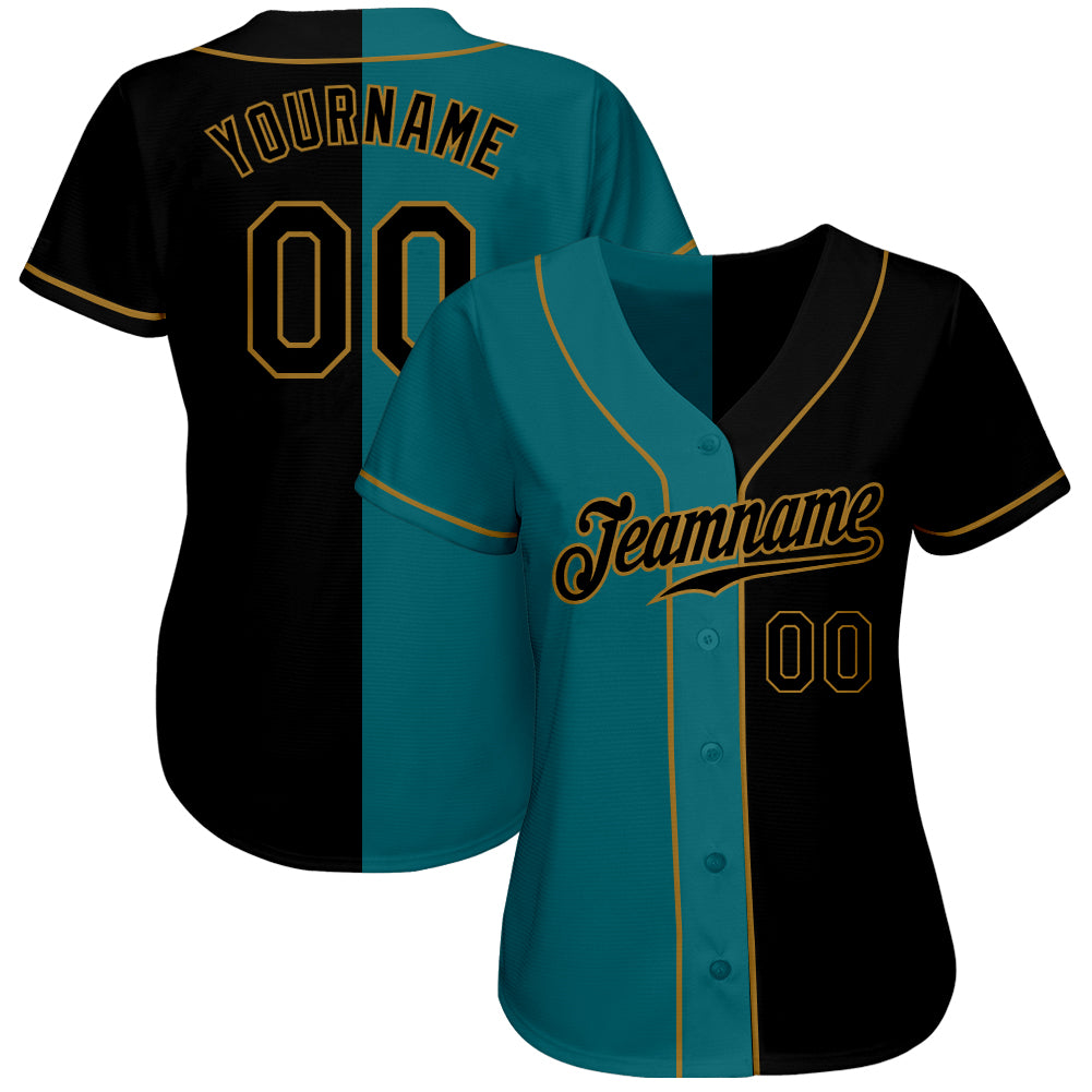 Custom Teal-Black Old Gold Authentic Split Fashion Baseball Jersey view 2