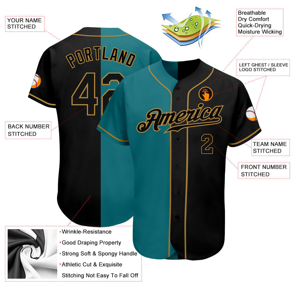 Custom Teal-Black Old Gold Authentic Split Fashion Baseball Jersey view 3