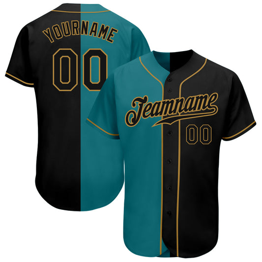Custom Teal-Black Old Gold Authentic Split Fashion Baseball Jersey - Main View