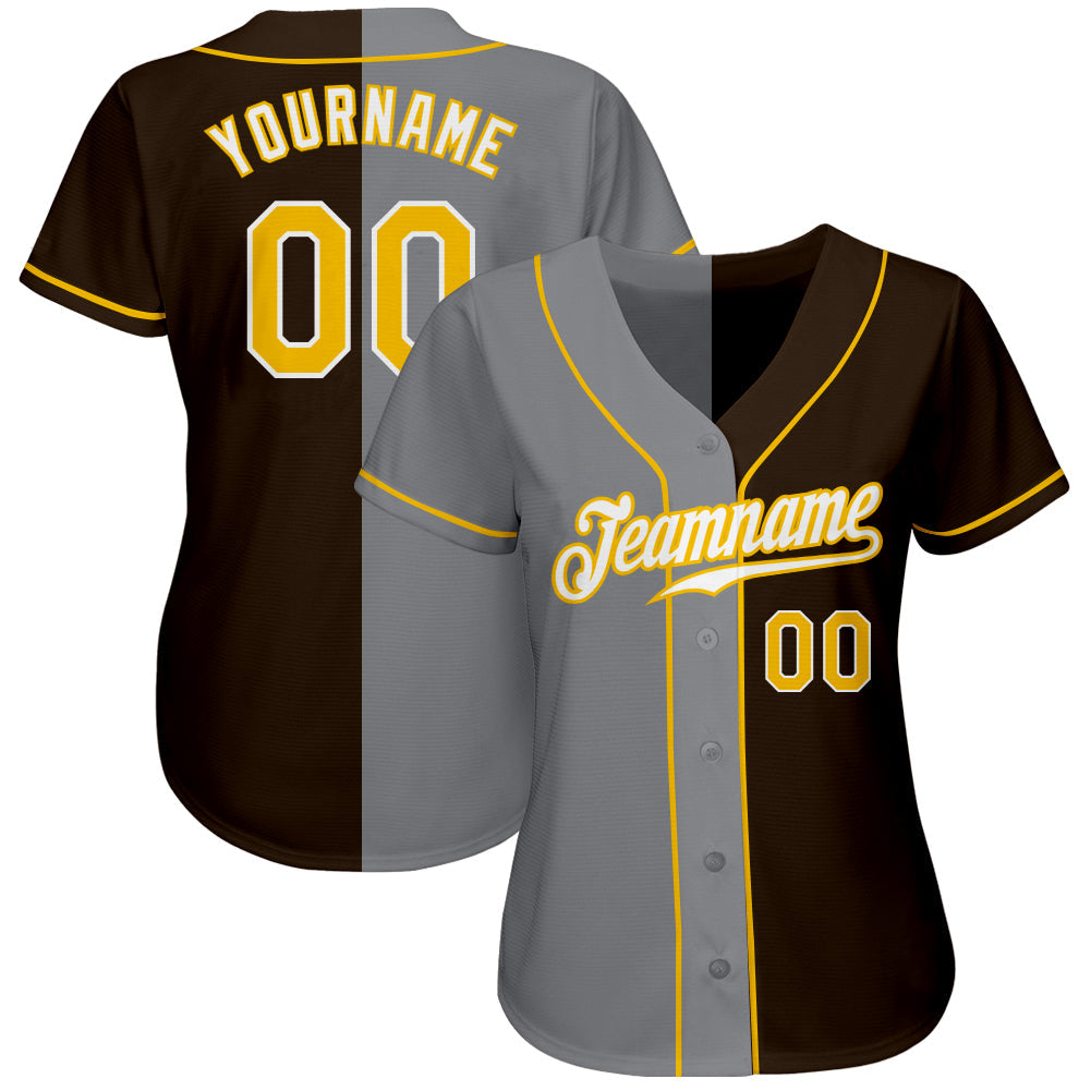 Custom Brown Gold-Gray Authentic Split Fashion Baseball Jersey view 2
