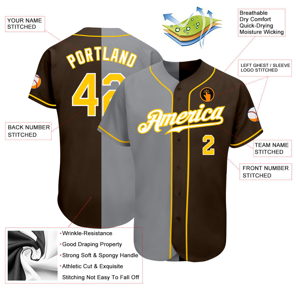 Custom Brown Gold-Gray Authentic Split Fashion Baseball Jersey view 3